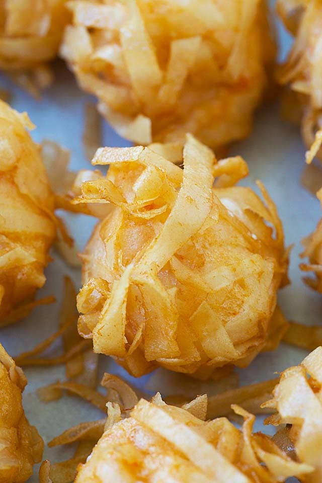 Top down shot of shrimp balls coated with crunchy strips.