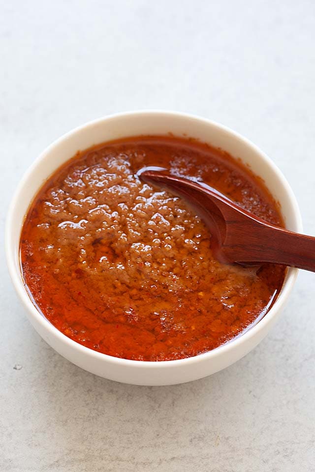 Spicy peanut sauce in a dipping bowl.