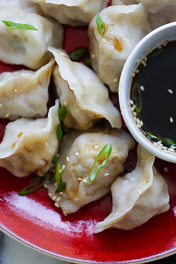Asian easy Pork and Chive Dumplings ready to serve.