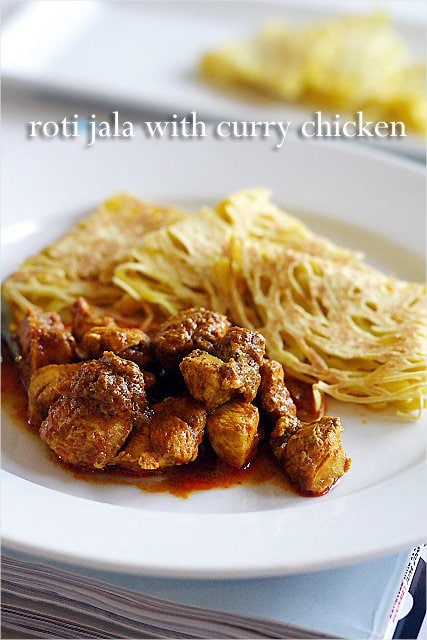 Roti Jala, lacy pancakes. So yummy with chicken curry. | rasamalaysia.com