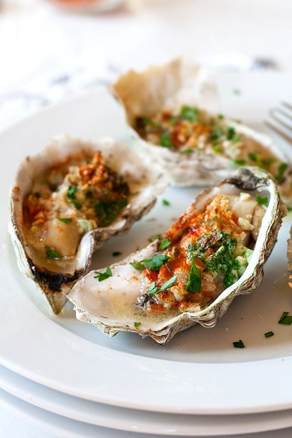 Grilled oysters with garlic, butter, parsley and paprika.