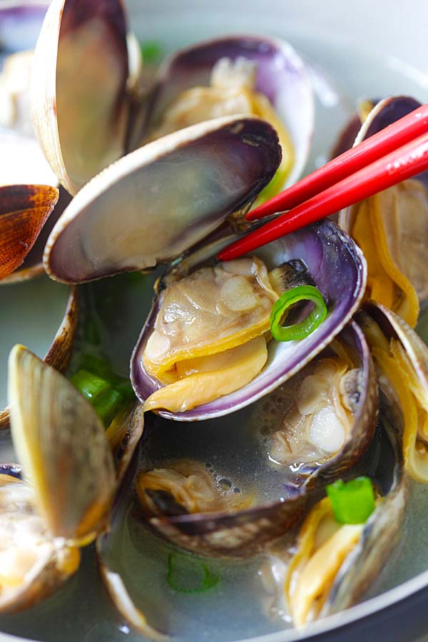 Steamed Manila (Asari) clams with butter and Japanese sake, ready to serve.