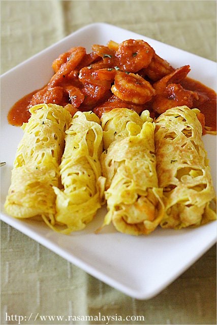 Sambal Udang (Prawn Sambal) with Roti Jala recipe - Prawn sambal is my most requested dish and quite delicious when served with lacy pancakes, called roti jala. | rasamalaysia.com