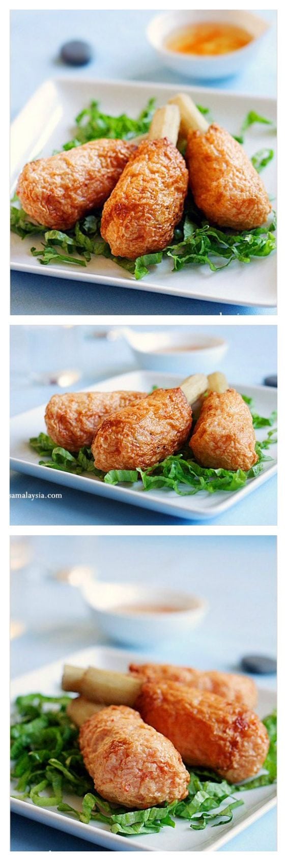 Asian sugarcane shrimp recipe. This is the most AMAZING appetizer ever. Shrimp wrapped around with sweet sugarcane and deep-fried and served with sweet chili sauce. Slurp! | rasamalaysia.com