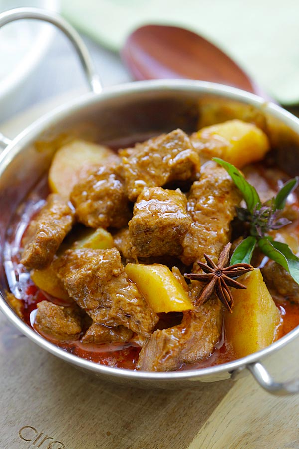 Close up of Massaman Curry with tender beef and potatoes, in a rich Massaman curry sauce.