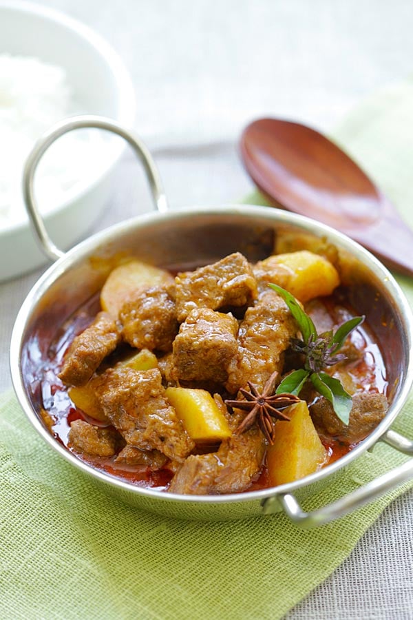 Massaman curry with beef and potatoes in a Thai serving ware, ready to serve.