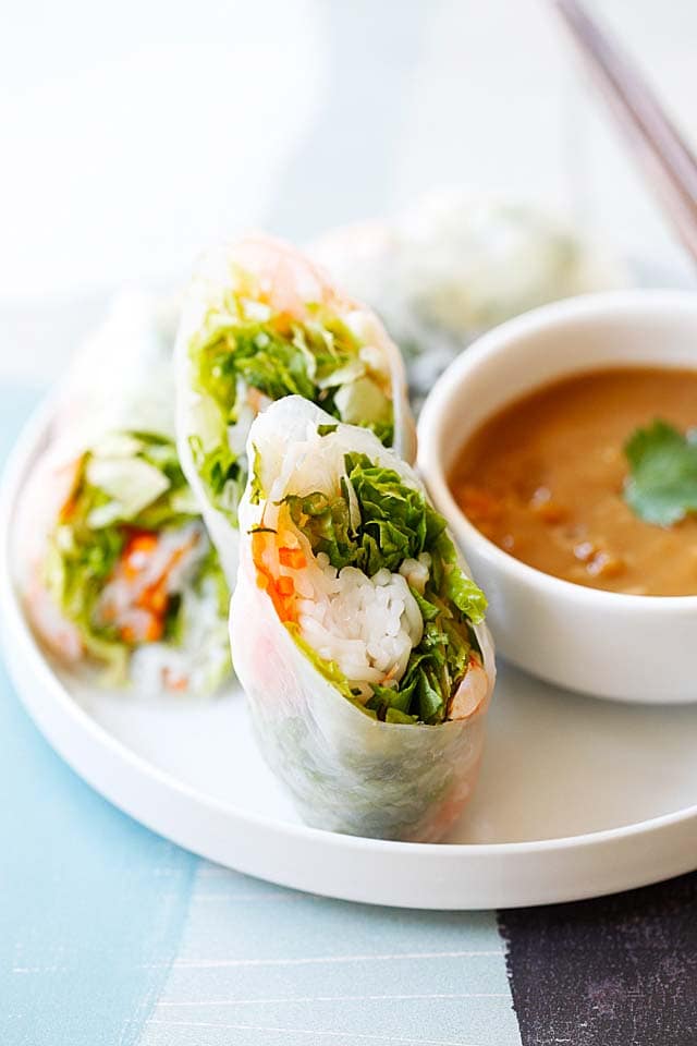 Goi cuon tom with shrimp, rice vermicelli, vegetables and herbs wrapped with Vietnamese rice paper.