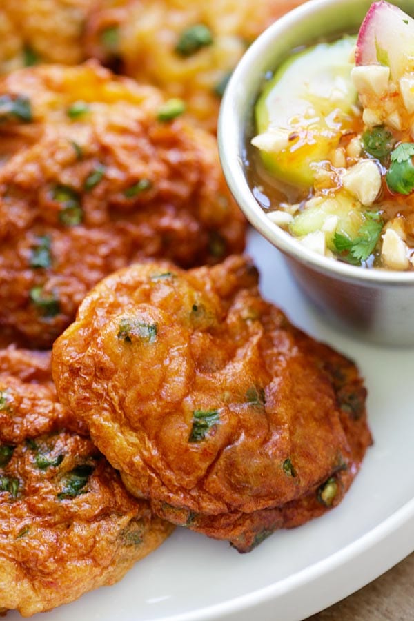 Close up crispy authentic Thai Fish Cakes.