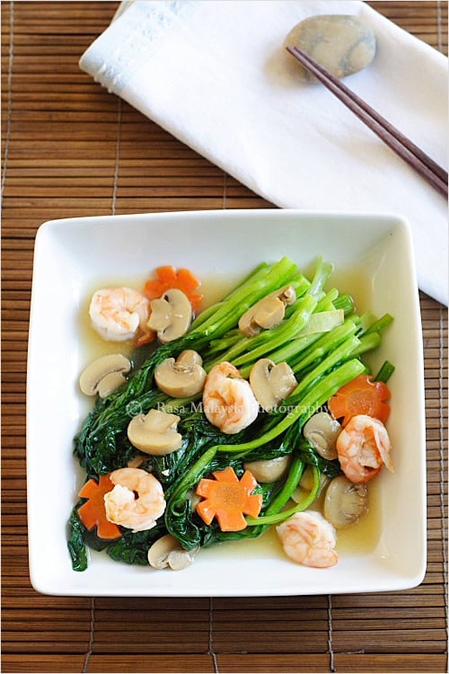 In Chinese or Cantonese restaurants, Chinese vegetables (choy sum) are often served two ways: brown sauce or white sauce--a recipe I am sharing with you today. | rasamalaysia.com