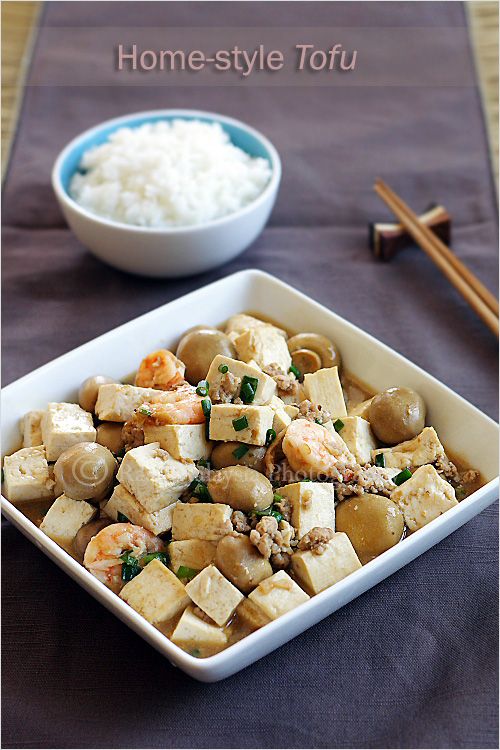 Home-style Tofu Recipe - a block of tofu, some mushrooms (I used canned button mushrooms), ground pork, and shrimp. The sauce is the popular Chinese brown sauce that consists of oyster sauce and soy sauce. | rasamalaysia.com