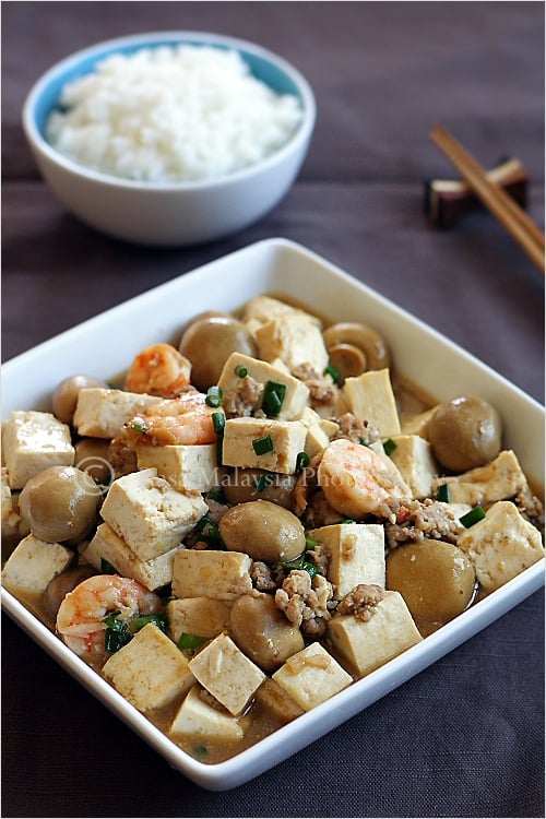 Home-style Tofu Recipe - a block of tofu, some mushrooms (I used canned button mushrooms), ground pork, and shrimp. The sauce is the popular Chinese brown sauce that consists of oyster sauce and soy sauce. | rasamalaysia.com
