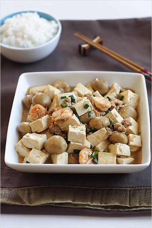 Home-style Tofu Recipe - a block of tofu, some mushrooms (I used canned button mushrooms), ground pork, and shrimp. The sauce is the popular Chinese brown sauce that consists of oyster sauce and soy sauce. | rasamalaysia.com