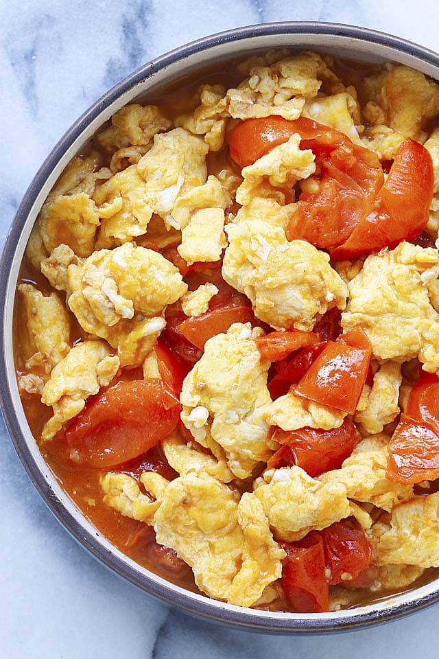 Tomato egg sauce and scrambled eggs in a bowl, ready to be served.