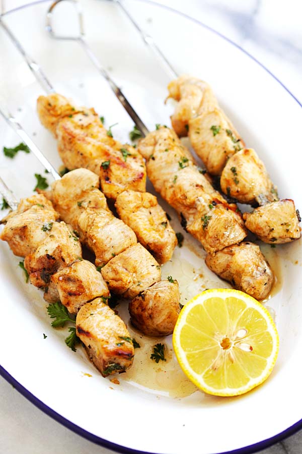 Chicken Kabob in metal skewers ready to serve.