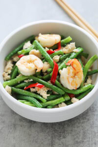 Chinese long bean recipe stir-fried with ground chicken and shrimp.