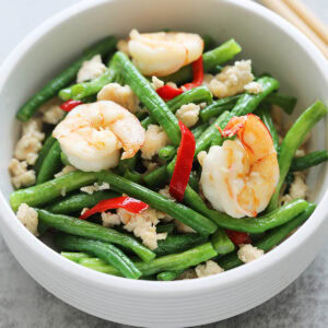 Chinese long bean recipe stir-fried with ground chicken and shrimp.