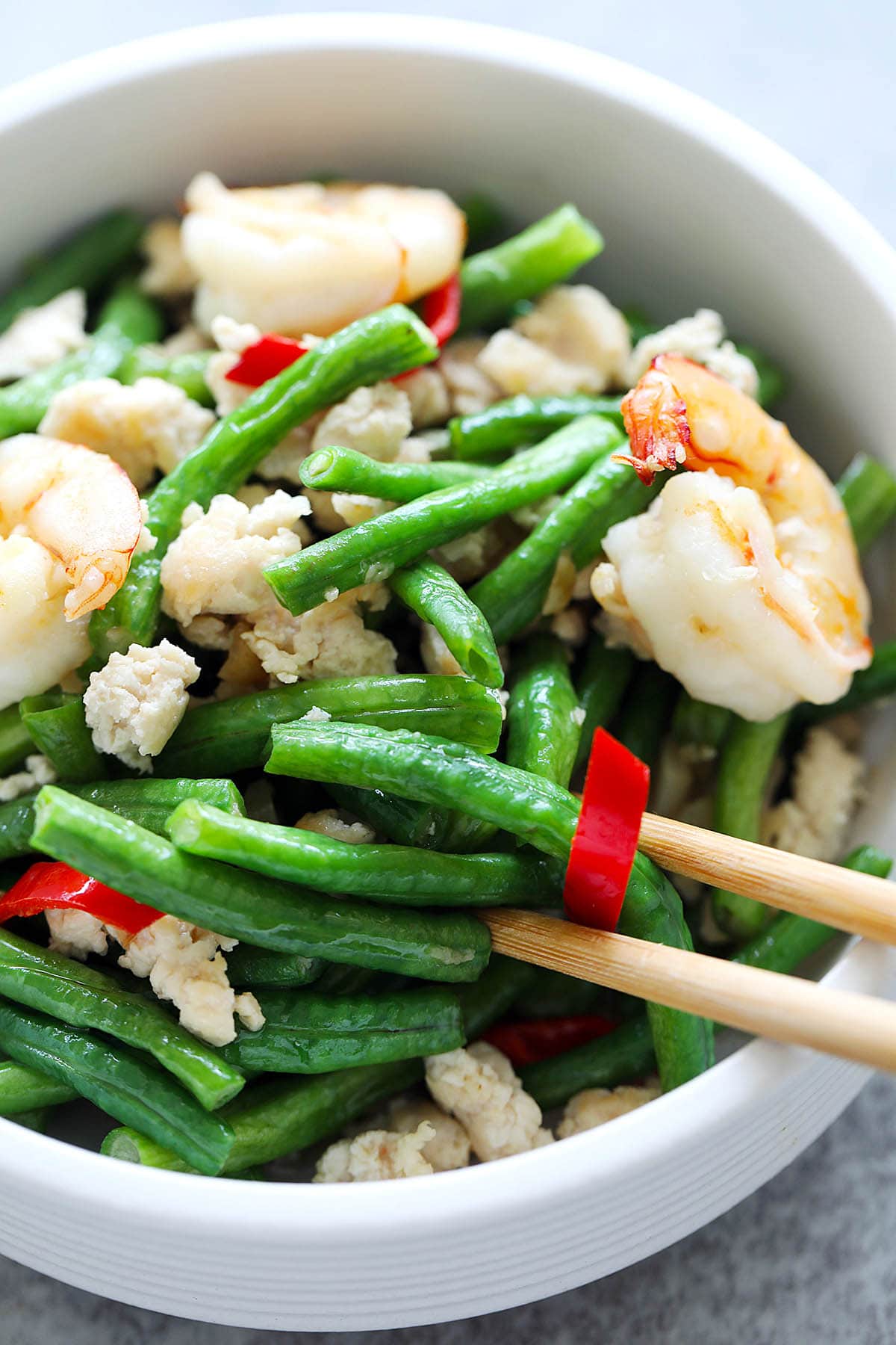 Chinese long beans with ground chicken and shrimp. 