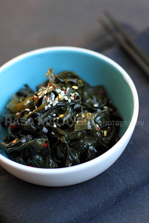 Seaweed Salad in a bowl with sesame topping, ready to serve.