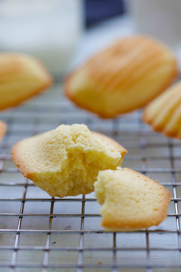 Perfectly baked spongy French Madeleine broken in half.