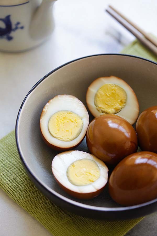 Japanese brown hard-boiled Shoyu tamago in half.