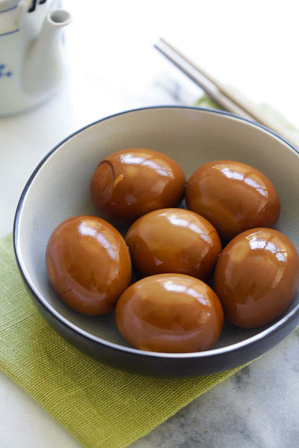 Easy and healthy soy sauce eggs in a bowl ready to serve.