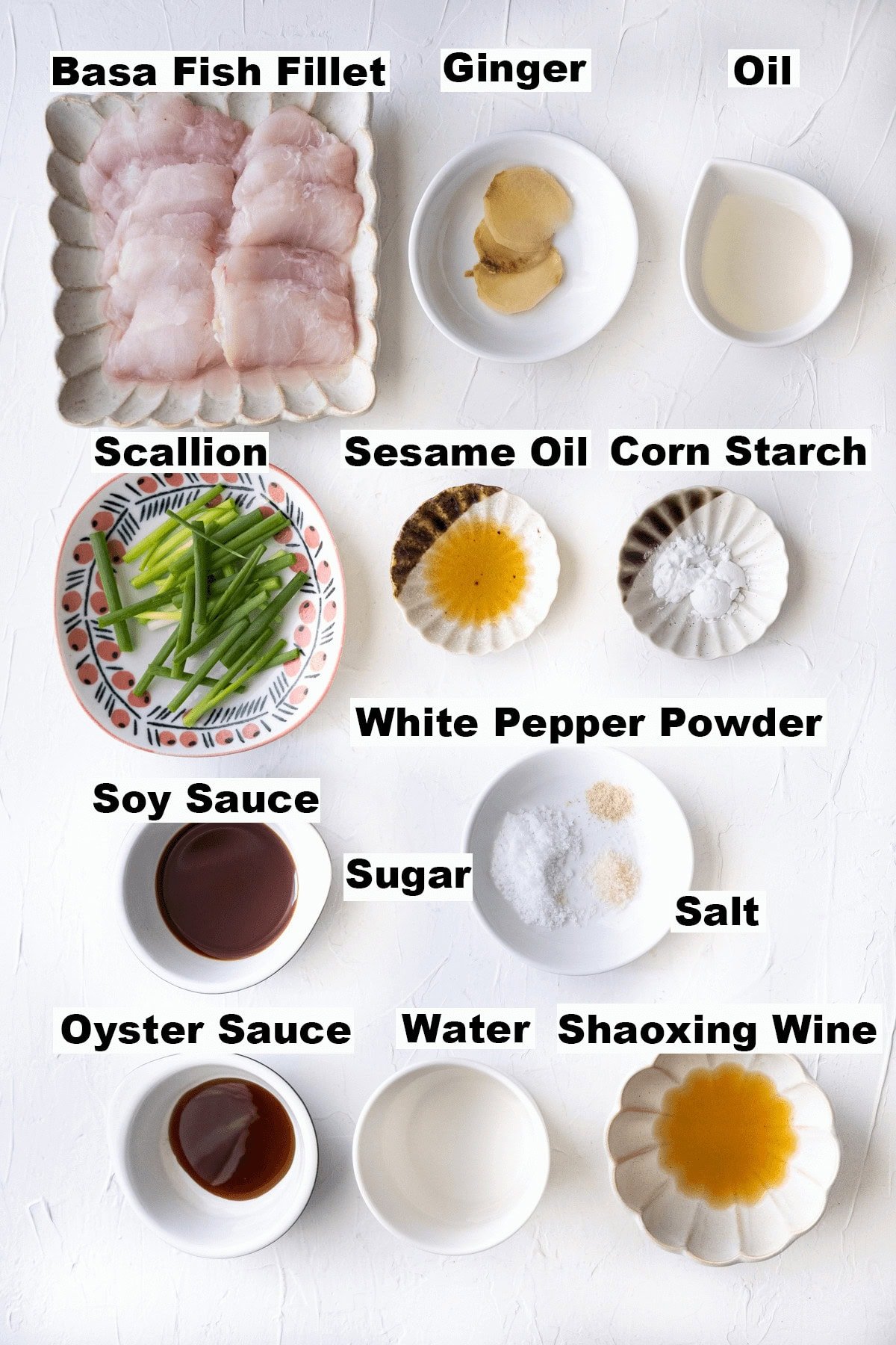 Recipe ingredients for ginger and scallion fish. 