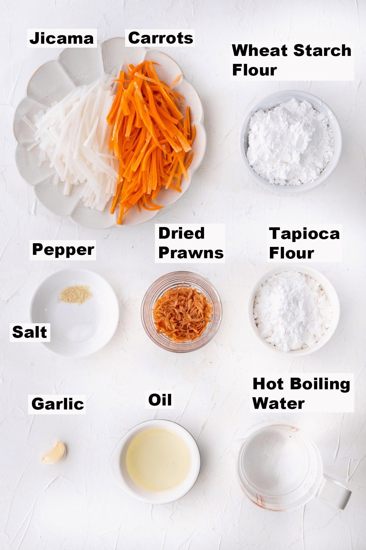 Ingredients for steamed vegetable dumplings (chai kueh) recipe. 