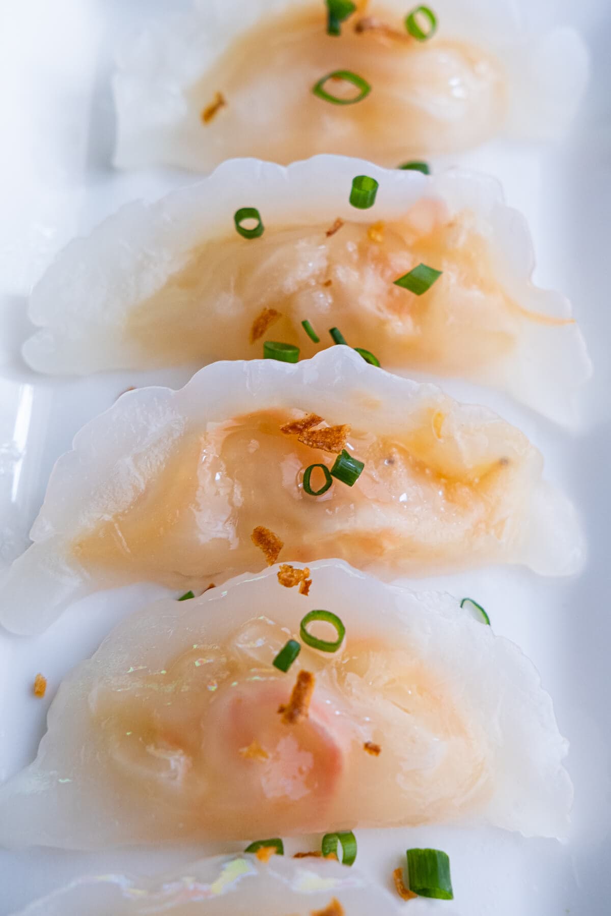 Steamed vegetable dumplings with chopped scallions on top. 