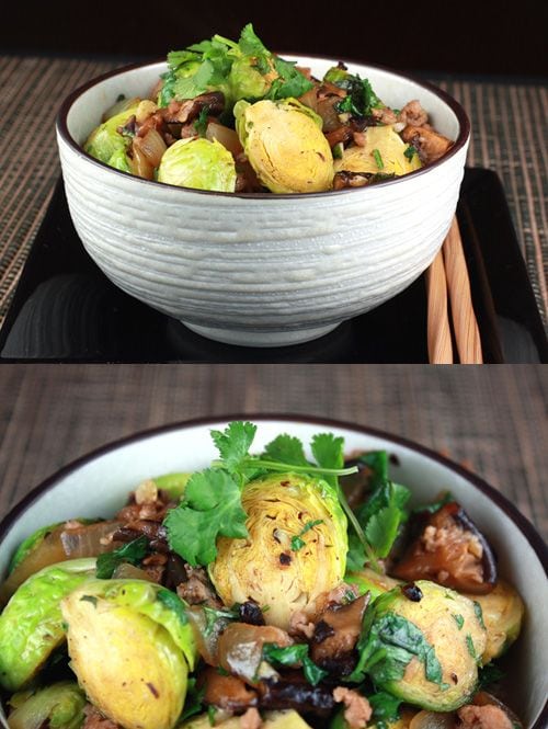 Stir-Fried Brussels Sprouts and Pork in Black Bean Sauce recipe - Fresh Brussels sprouts, ground pork,black bean sauce, chopped fresh ginger, yellow onion, dried shiitakes. | rasamalaysia.com