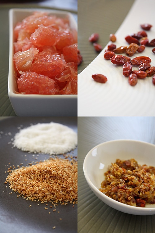 Thai Pomelo Salad recipe (Yam Som-O) - coconut flakes, shrimp, red chili flakes, shallots, garlic, roasted peanuts, lime juice, cilantro. | rasamalaysia.com