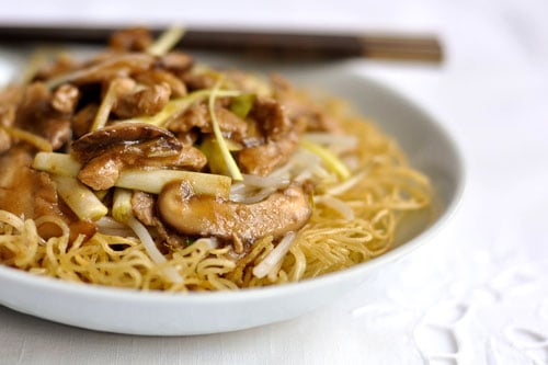 Pork chow mein recipe with crispy noodles.
