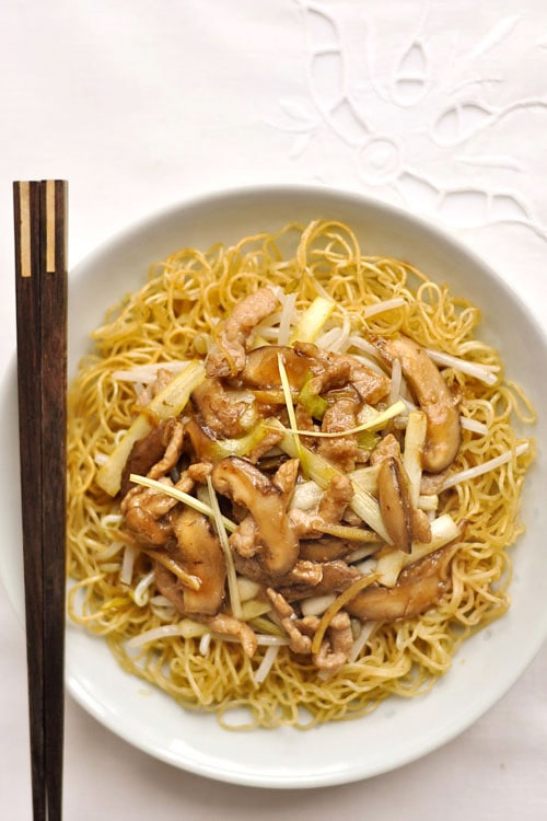 Pork chow mein with crispy egg noodles, pork and chow mein sauce.