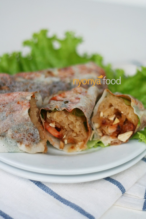 Nyonya fresh spring rolls with shredded jicama, shrimp and/or pork, plus
diced bean curd wrapped with fresh popiah skin. | rasamalaysia.com