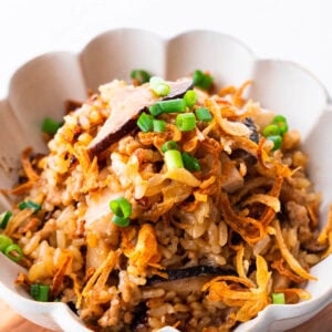 Malaysian yam rice served in a bowl.