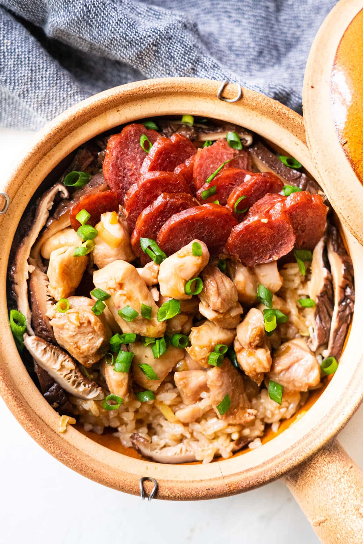 Claypot chicken rice with scallions sprinkled on top. 