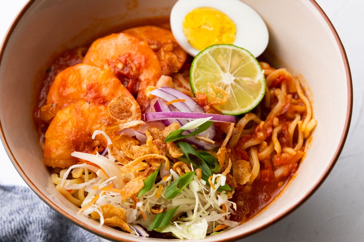 Mee udang (Malay prawn noodle) in a bowl.