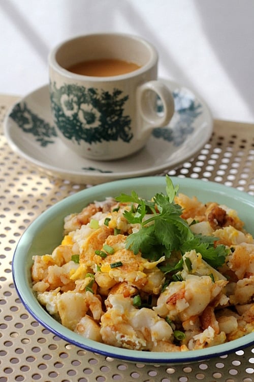 Fried Radish Cake - radish, rice flour, egg, garlic, fish sauce, chili sauce, onion | rasamalaysia.com