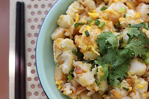 Fried Radish Cake - radish, rice flour, egg, garlic, fish sauce, chili sauce, onion | rasamalaysia.com