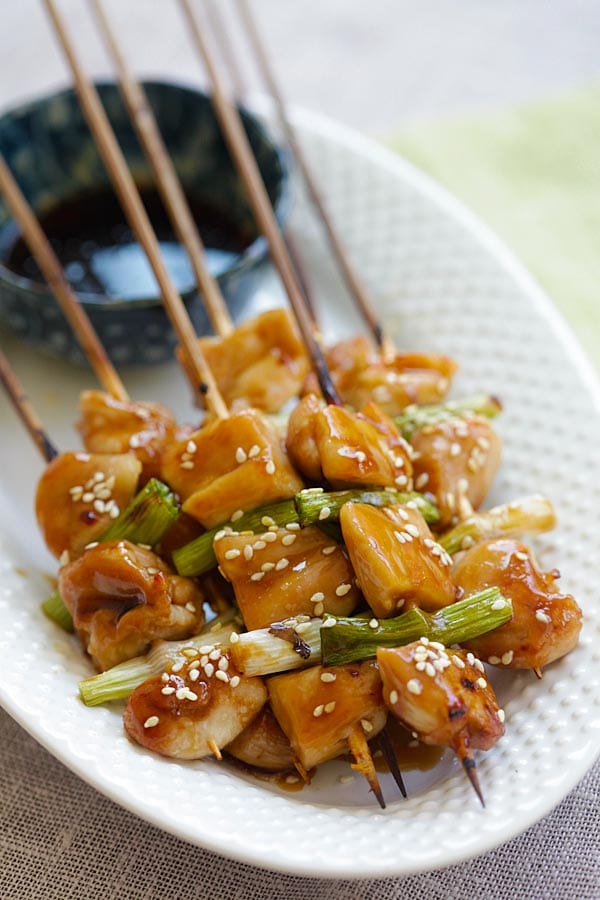 Easy and healthy Japanese grilled chicken skewers in Japanese sauce glaze.