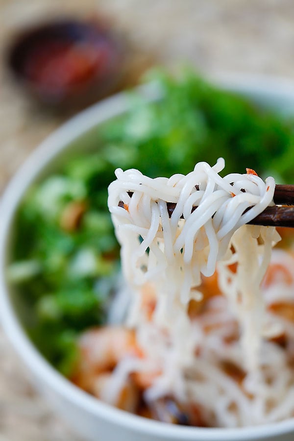 Vietnamese BBQ Shrimp Vermicelli or Bun Tom Heo Nuong is a delicious and healthy noodle dish with shrimp and lots of vegetables, served with a sauce | rasamalaysia.com