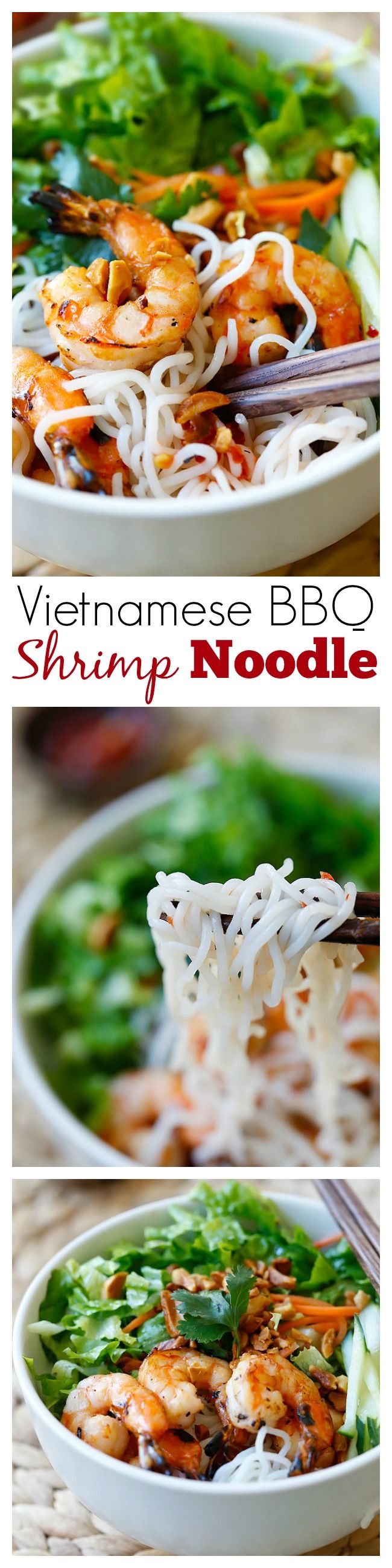 Vietnamese BBQ Shrimp Vermicelli or Bun Tom Heo Nuong is a delicious and healthy noodle dish with shrimp and lots of vegetables, served with a sauce | rasamalaysia.com