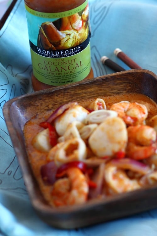 Thai Coconut Galangal Seafood recipe - This sauce is a blend of coconut milk spiced with galangal, lemongrass, tamarind and chilies. I used it to make a combination seafood dish, with shrimp, scallop, and squid. | rasamalaysia.com