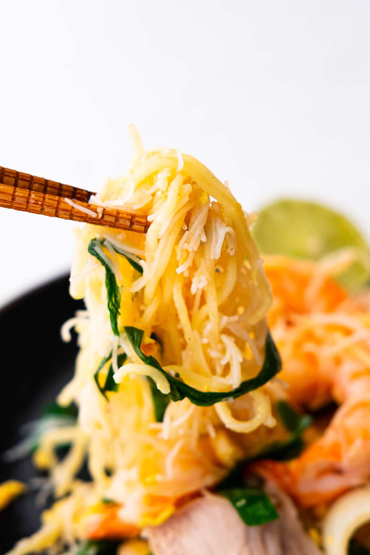 The stir-fried yellow noodles and rice vermicelli have absorbed all the flavor from the sauce and are picked up with chopsticks.