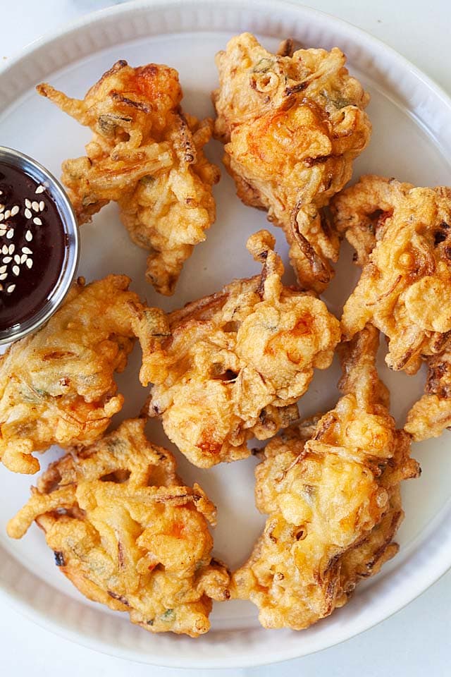 Shrimp fritters on a plate.