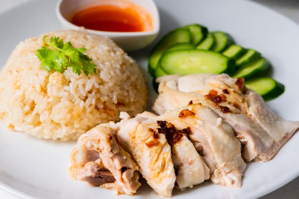 Malaysian chicken rice served on a plate.