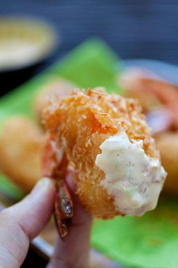 Delicious coconut shrimp with creamy coconut shrimp dipping sauce, ready to serve.