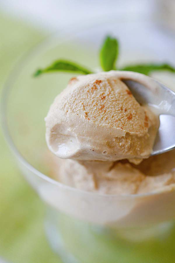 Easy creamy Coffee Ice Cream with a dessert spoon.