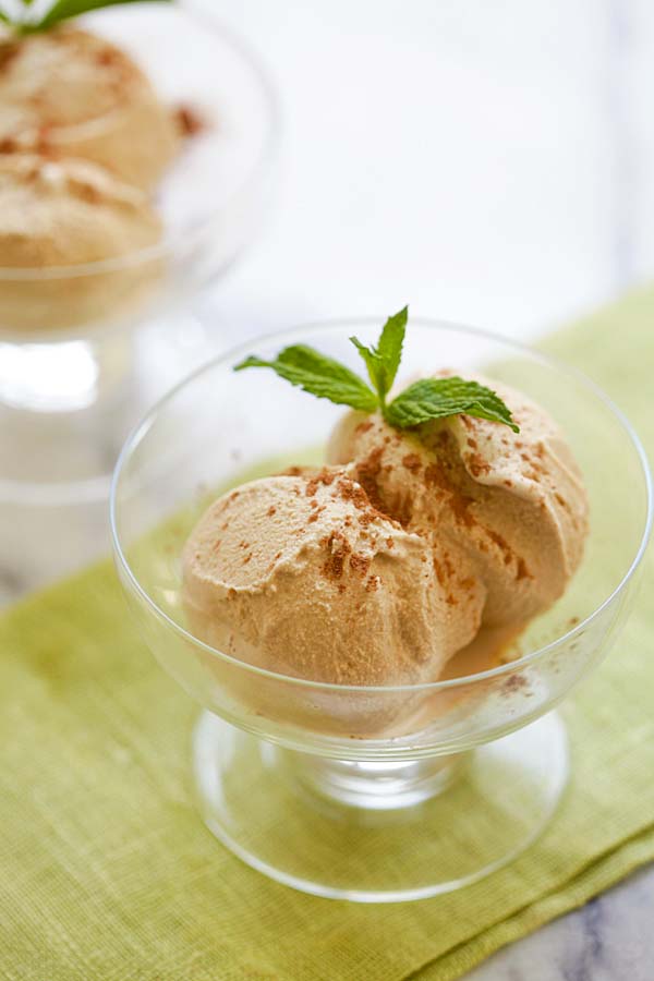 Easy homemade coffee flavored ice cream scooped and served in ice cream cup.