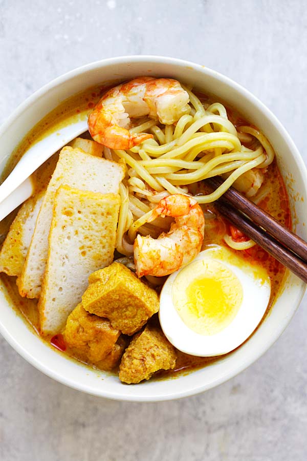 Easy and quick Curry Laksa served in a bowl.