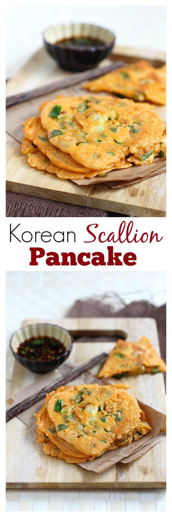 Korean Scallion Pancake (Pajeon) - savory pancake with scallion and kimchi, amazing appetizer that you can't stop eating | rasamalaysia.com